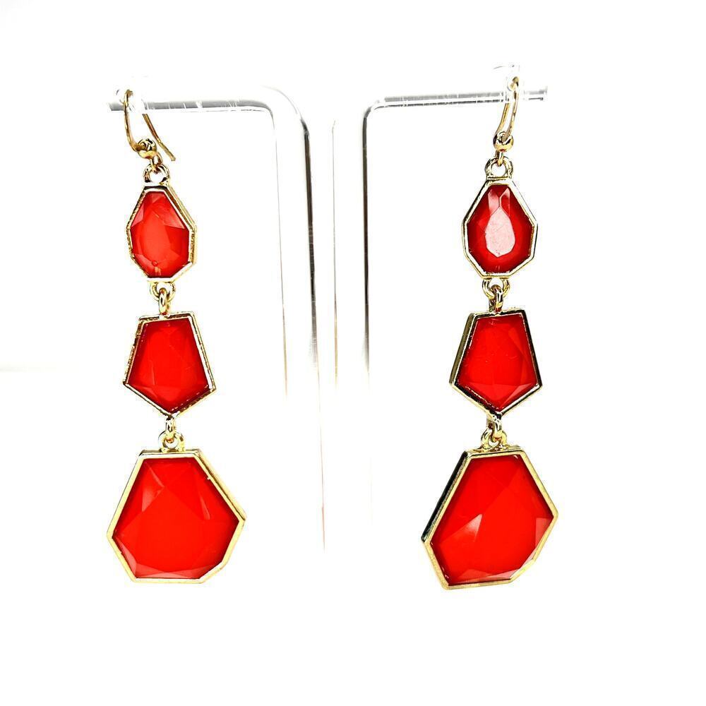 Red Orange Faceted Acrylic Gemstone Dangle Drop Earrings Gold Metal Geometric